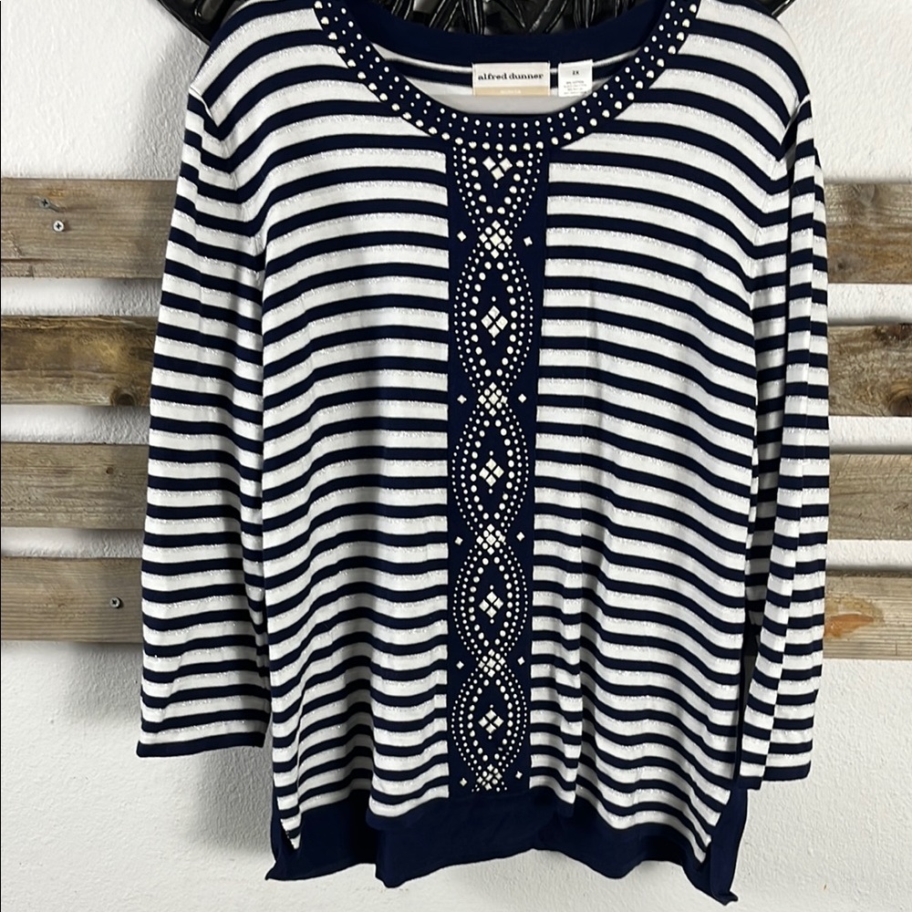 Alfred Dunner Blue and White striped and silver accents Sweater